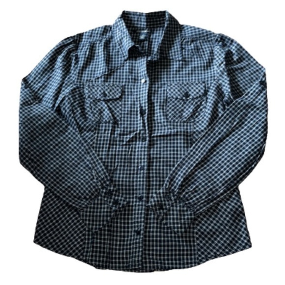 Lucky Brand navy blue and white checkered plaid button down shirt size M